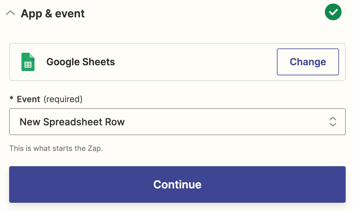 A trigger step in the Zap editor with Google Sheets selected for the trigger app and New Spreadsheet Row selected for the trigger event.