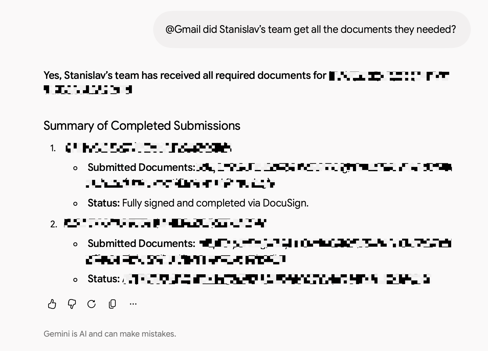 Conversation with Gemini demonstrating how to retrieve retrieve real-time information from Gmail.