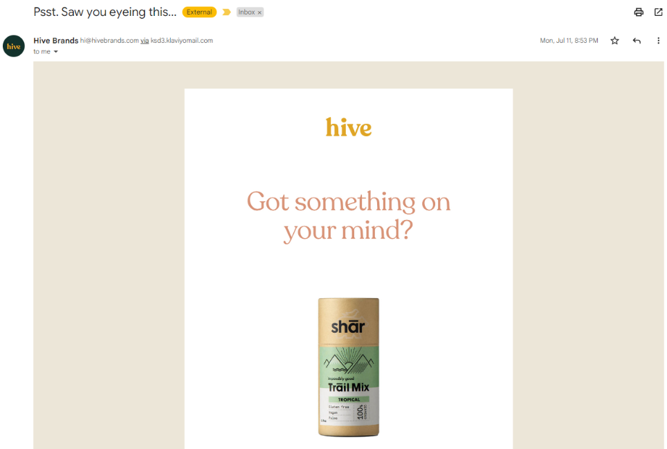 Email asking the reader if they are interested in Hive trail mix