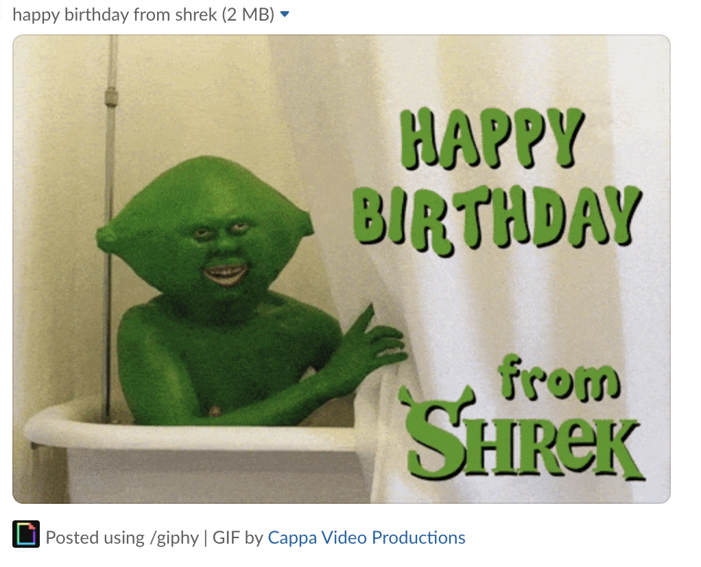 Screenshot of a GIF that says "Happy Birthday from Shrek" and a photo of a green man in a bathtub.