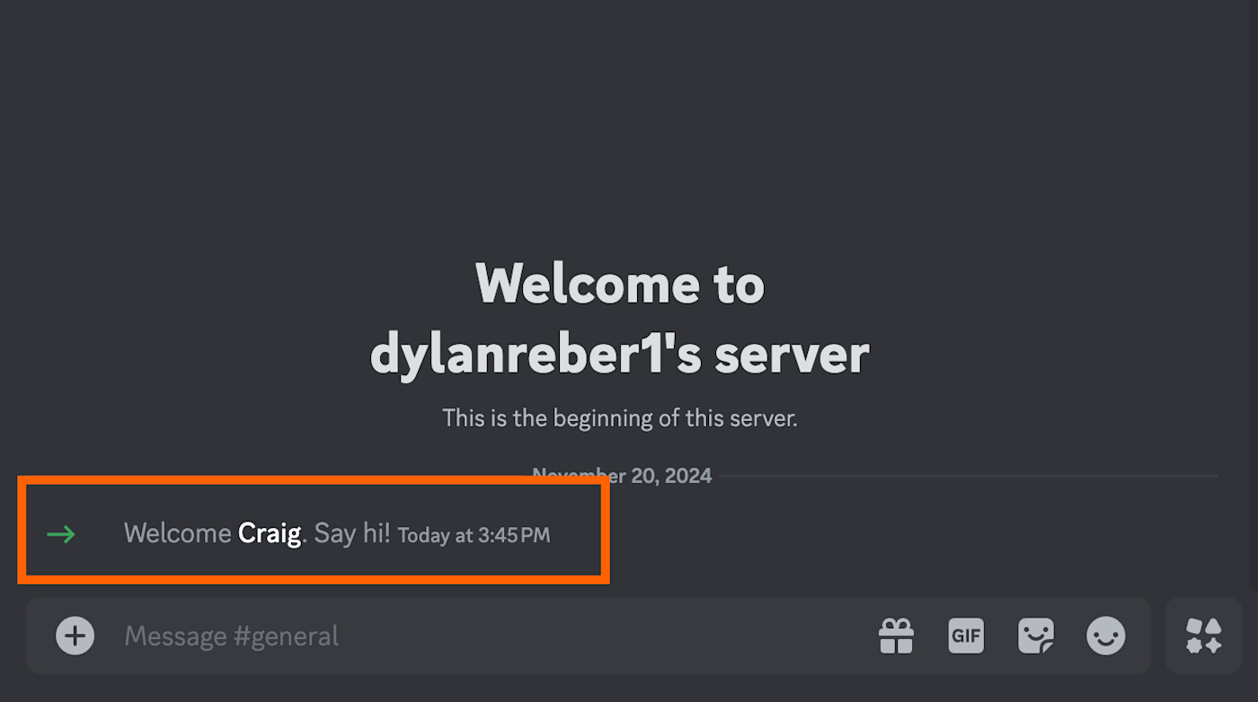 Screenshot showing Craig's welcome message in Discord