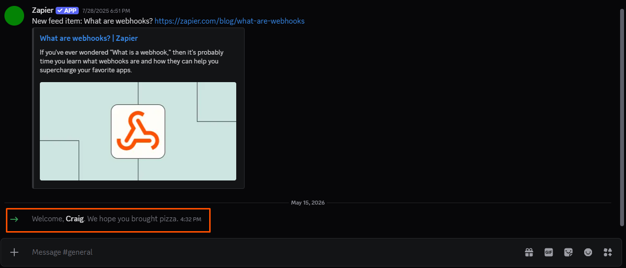 Screenshot showing Craig's welcome message in Discord