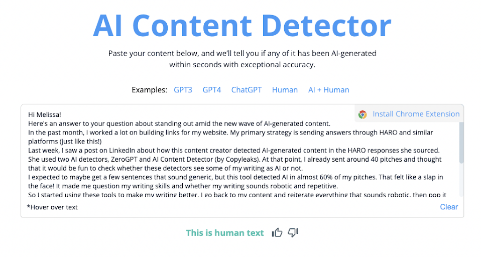 An AI content detector showing that the text is all human written