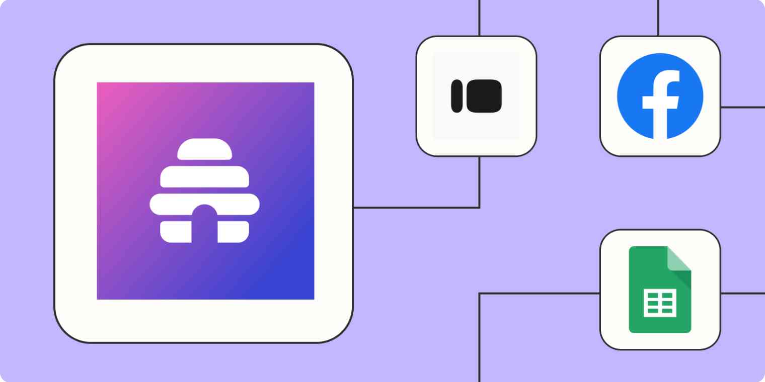 A hero image of the beehiiv app logo connected to other app logos on a light purple background.