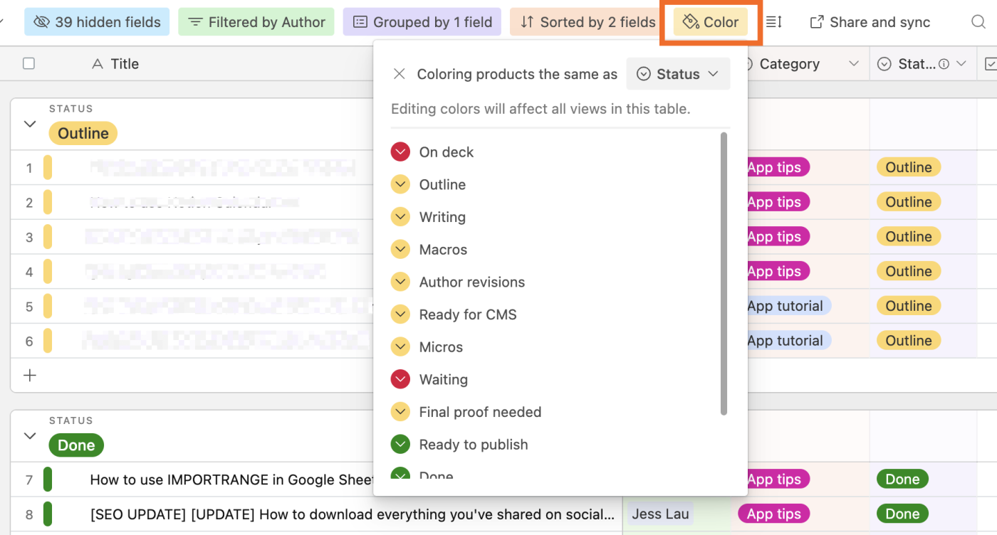 Expanded view of the color dropdown in Airtable. 