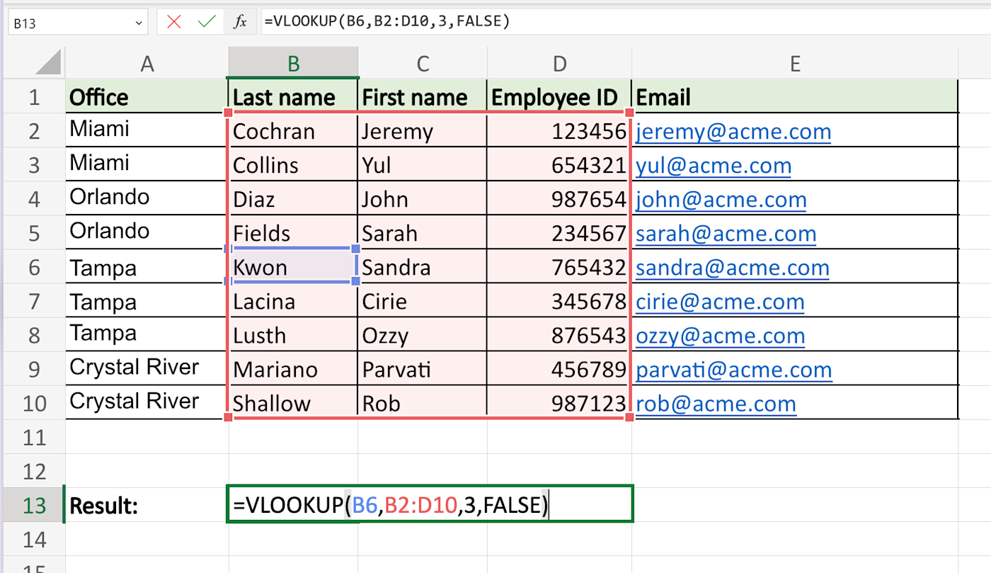 Example of how to use VLOOKUP in Excel to retrieve an employee's ID number. 