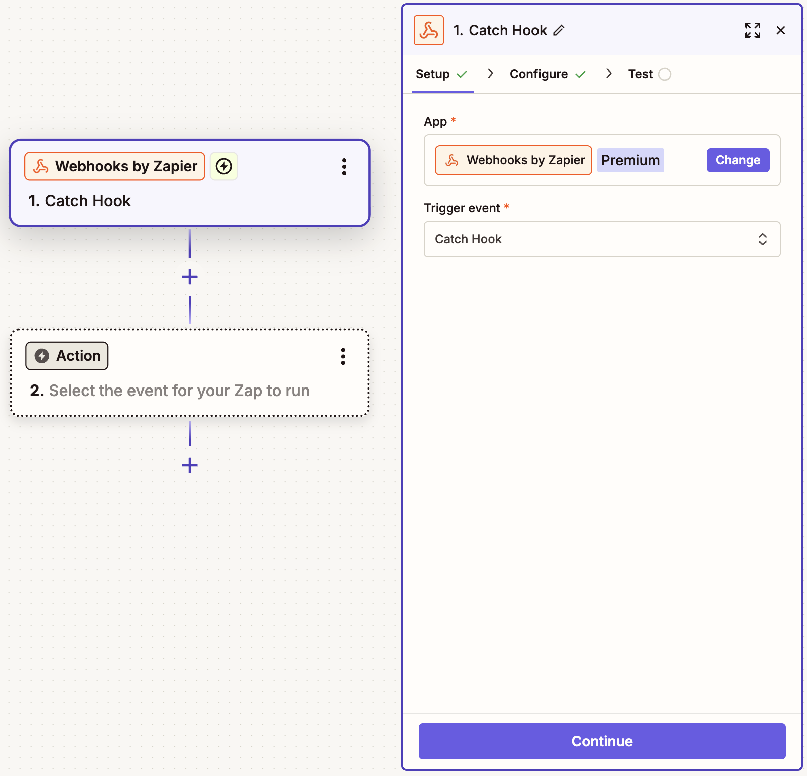 Zapier workflow setup showing Webhooks by Zapier trigger Catch Hook with a Continue button