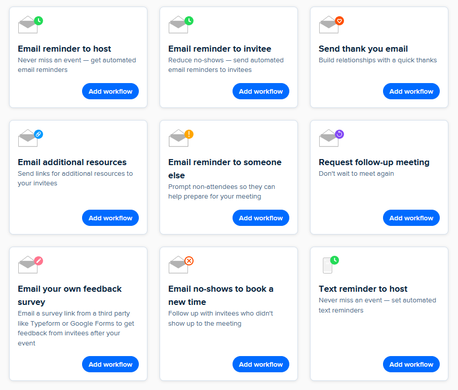 Calendly's pre-built workflows
