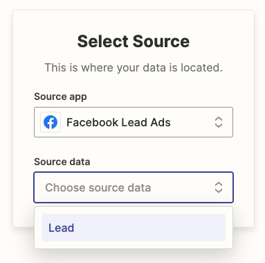 A dropdown menu of available data types to select for a source app. The article example is Facebook Lead Ads.