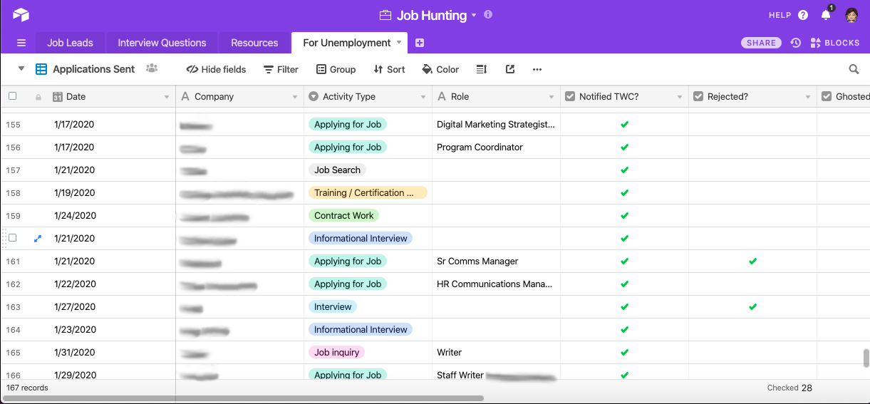 An Airtable base set up to track job applications.