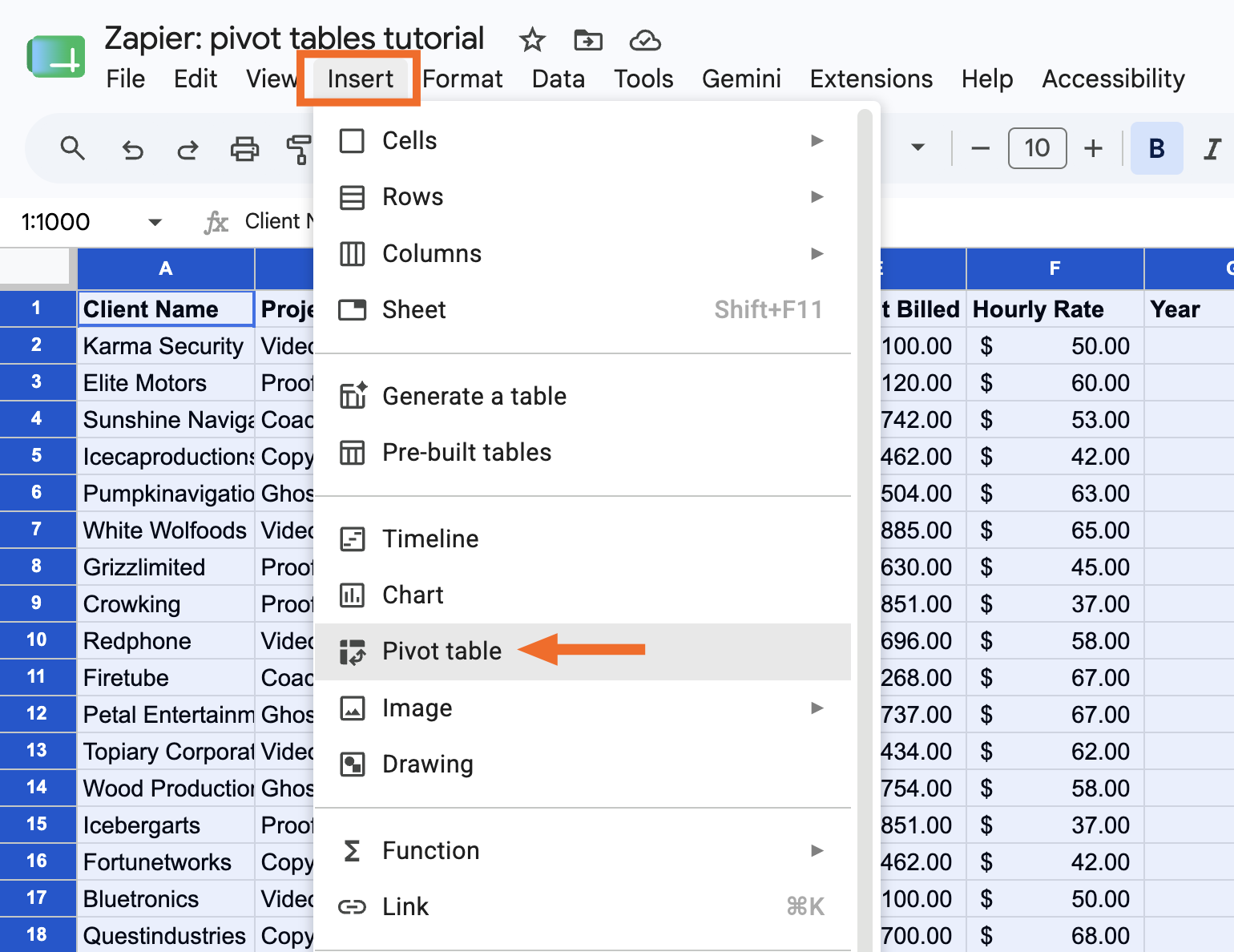 Expanded view of the insert dropdown in Google Sheets with pivot table highlighted.