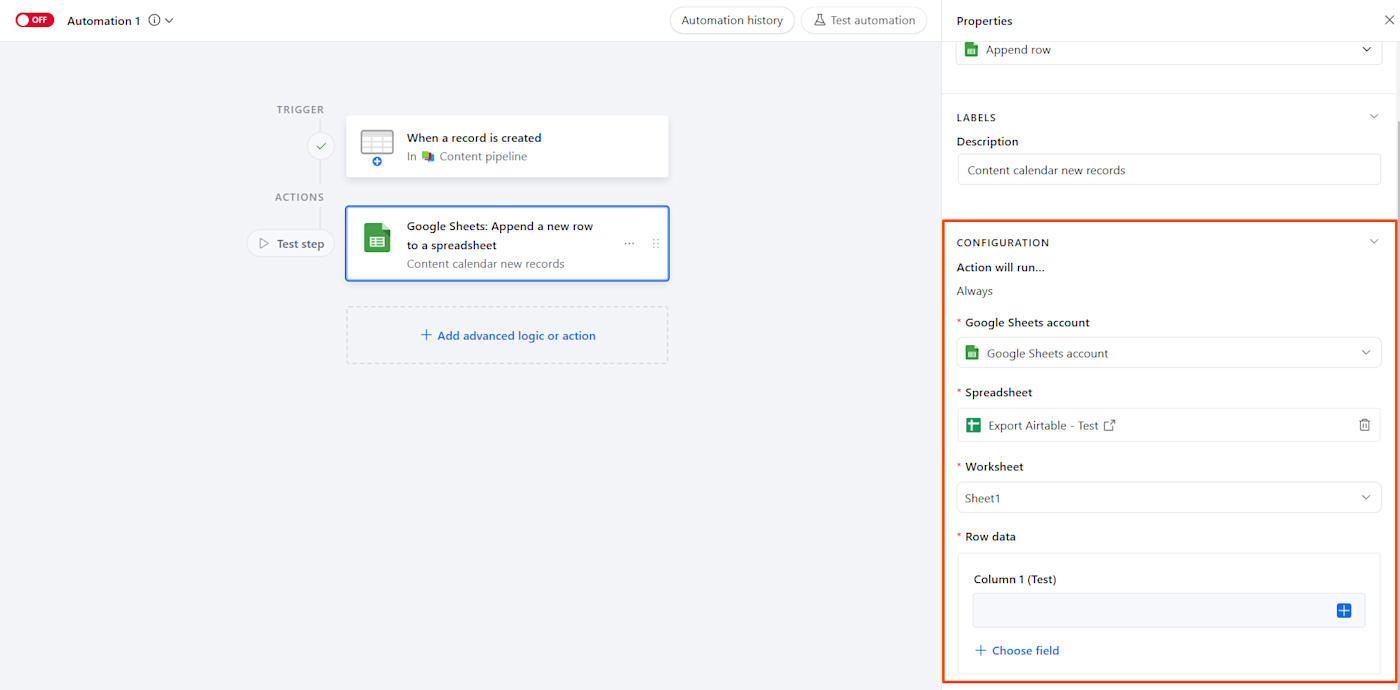 Screenshot of Airtable configuration options 