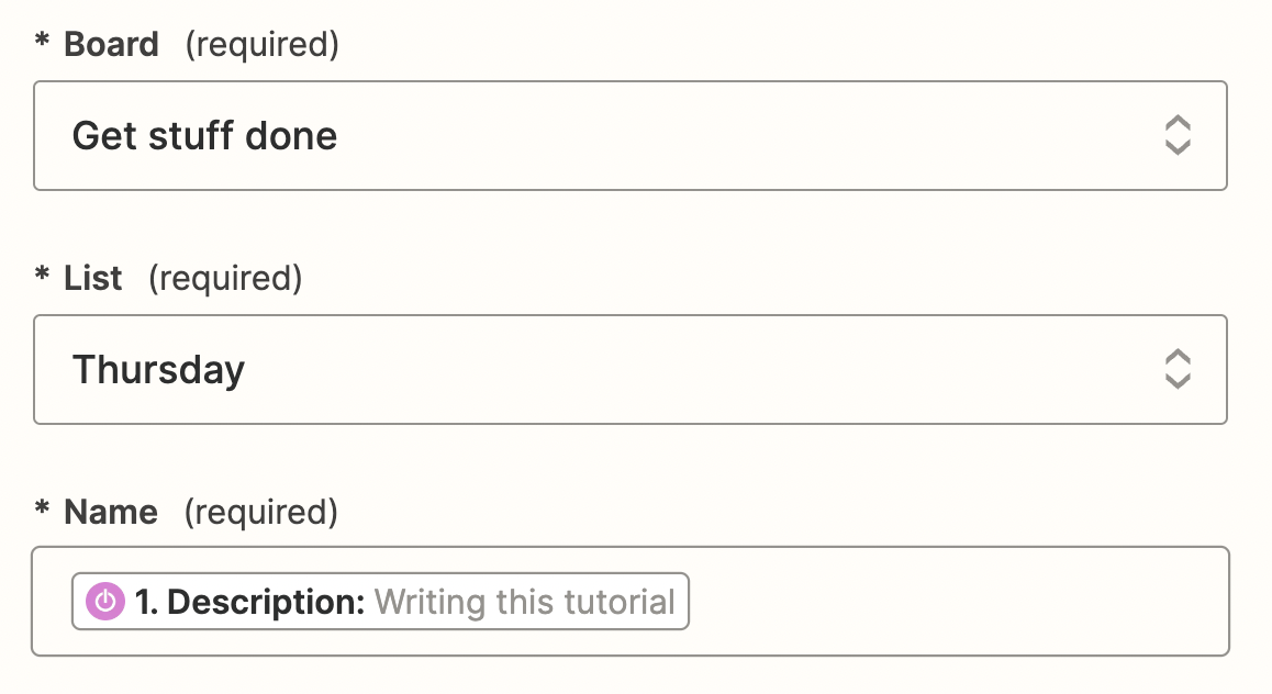 Fields in an action step in the Zap editor to select a Trello board and list.