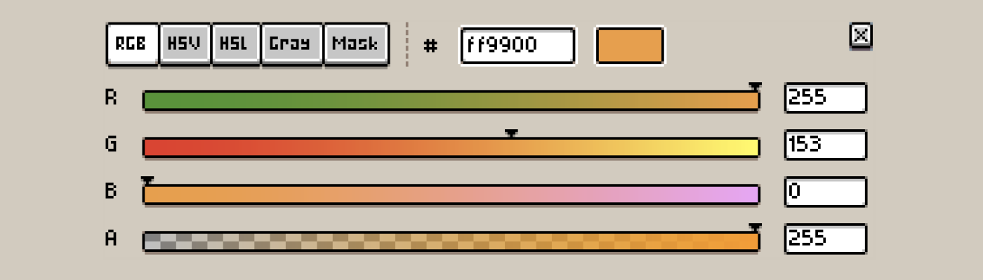 An RGB color picker with four sliders, the first is R, then G, B, and A. As the triangle indicator is moved left to right, the numbers and color identifier change. For a pale orange color, the R slider shows 255, the G slider shows 153, the B slider shows 0, and the A slider shows 255. 