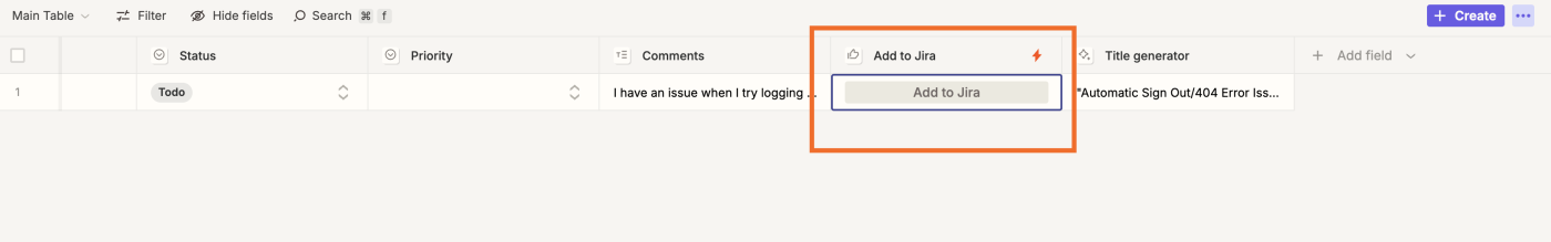 Screenshot of add to Jira button greyed out