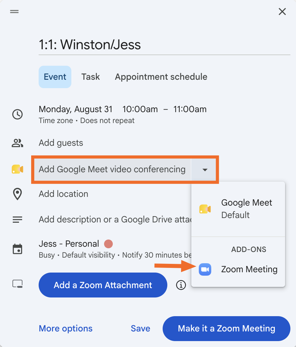 Google Calendar event with an expanded view of the video conferencing options. There's an arrow pointing to Zoom Meeting.