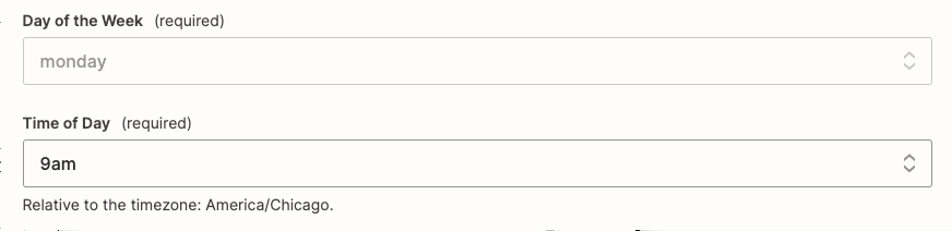 The delivery schedule configured in the Zap editor. There are dropdown selections for "Day of the Week" and "Time of Day"