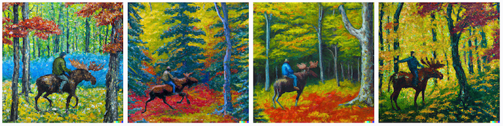 Gambar yang dibuat dengan DALL·E 2 menggunakan prompt "lukisan cat minyak impresionis tentang seorang pria Kanada yang mengendarai rusa melewati hutan pohon maple"