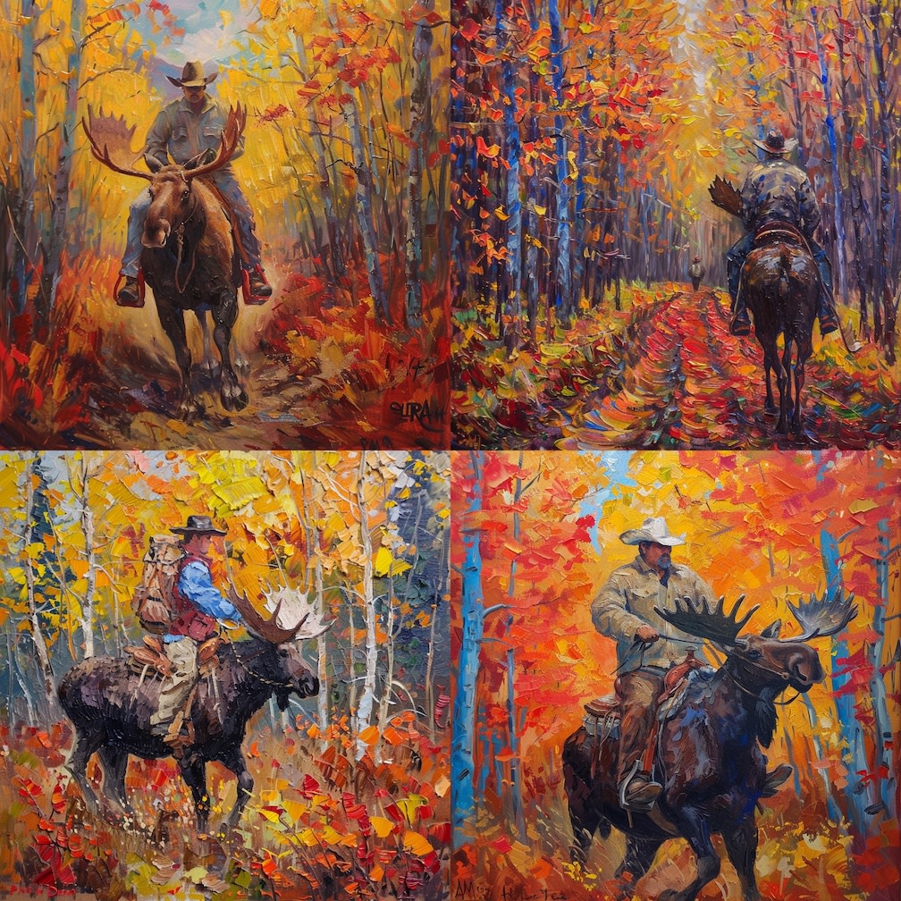 An image made with Midjourney using the prompt "an impressionist oil painting of a Canadian man riding a moose through a forest of maple trees"