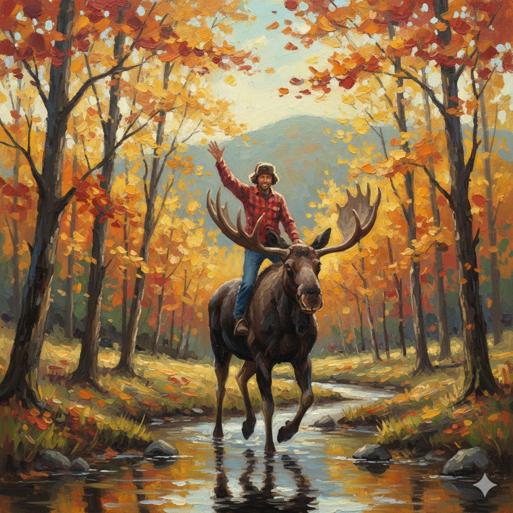 An image made with Google Gemini using the prompt "an impressionist oil painting of a Canadian man riding a moose through a forest of maple trees"