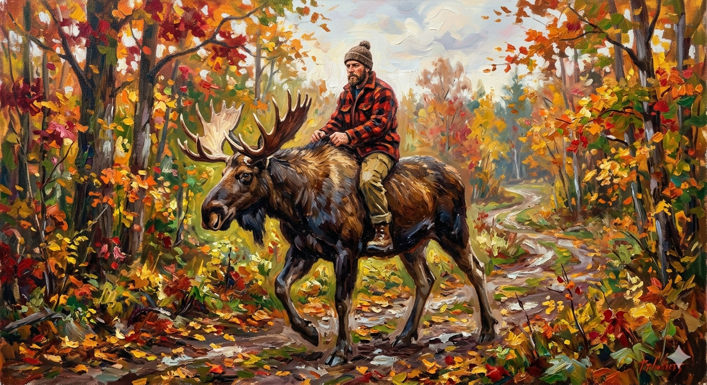 An image made with Google Gemini using the prompt "an impressionist oil painting of a Canadian man riding a moose through a forest of maple trees"
