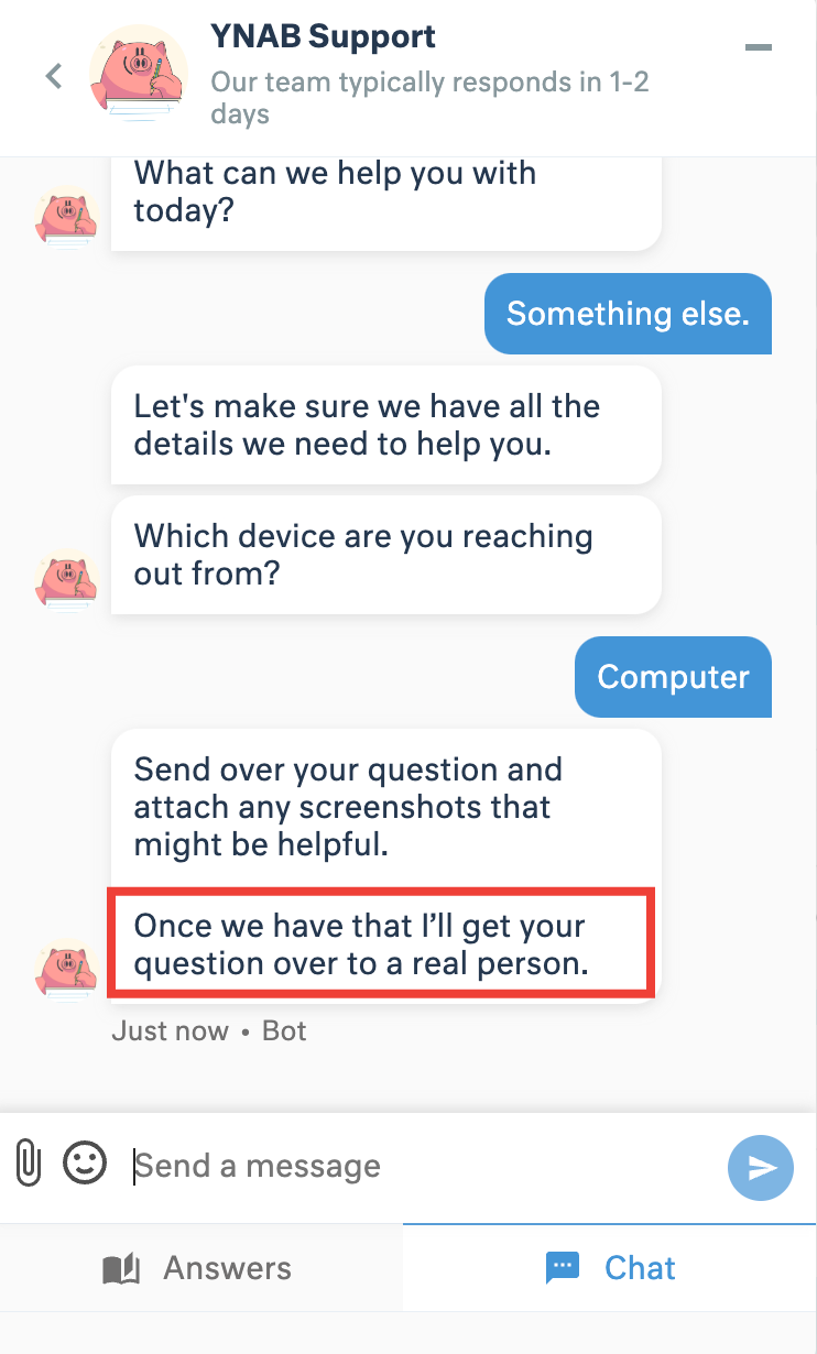 YNAB's support chatbot