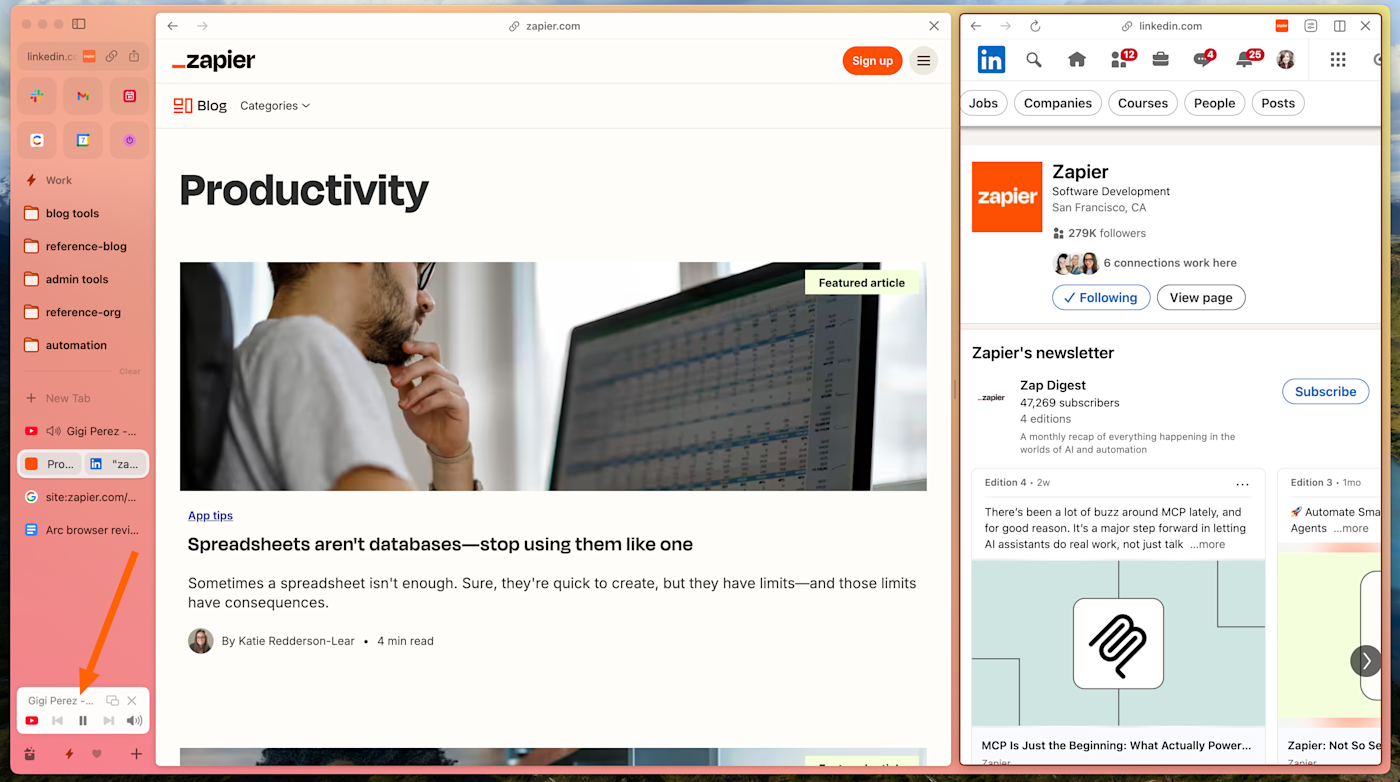 Media controls in the Arc browser