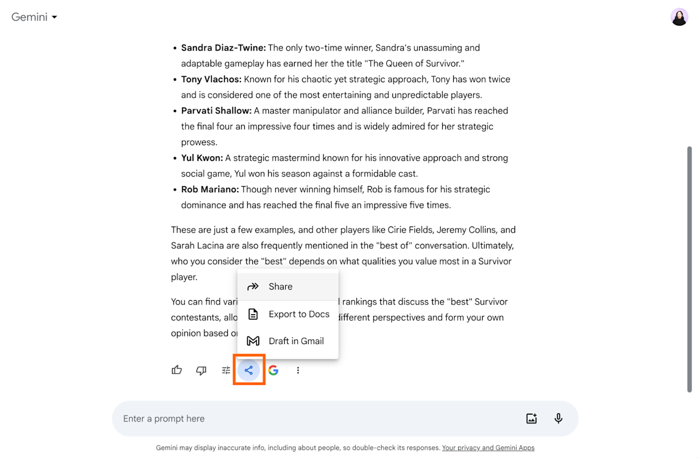 Gemini conversation with an expanded view of the share and export dropdown and the share option selected.