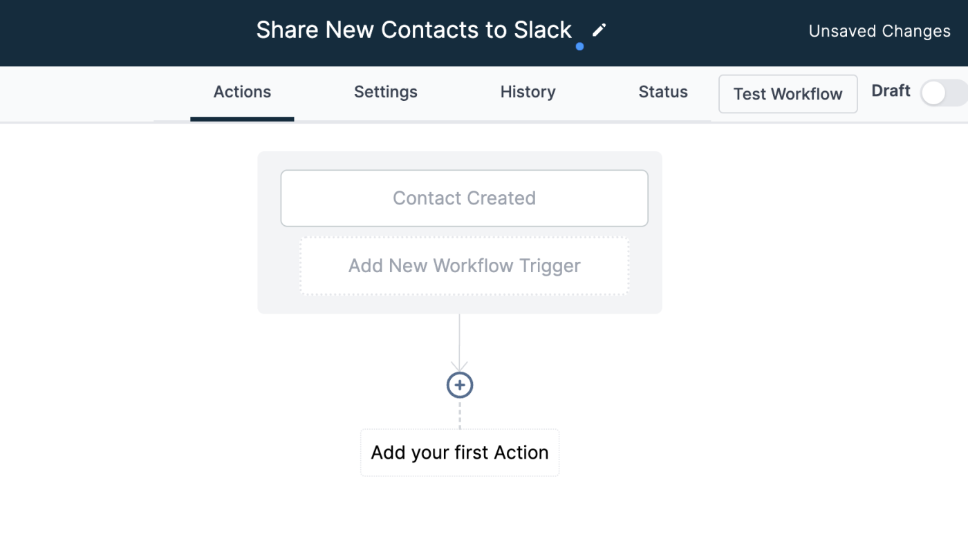 A Share New Contacts to Slack action has been created in HighLevel.