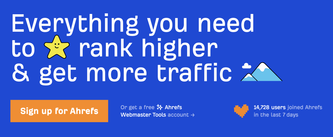 Bright blue Ahrefs landing page with large white letters and a star
