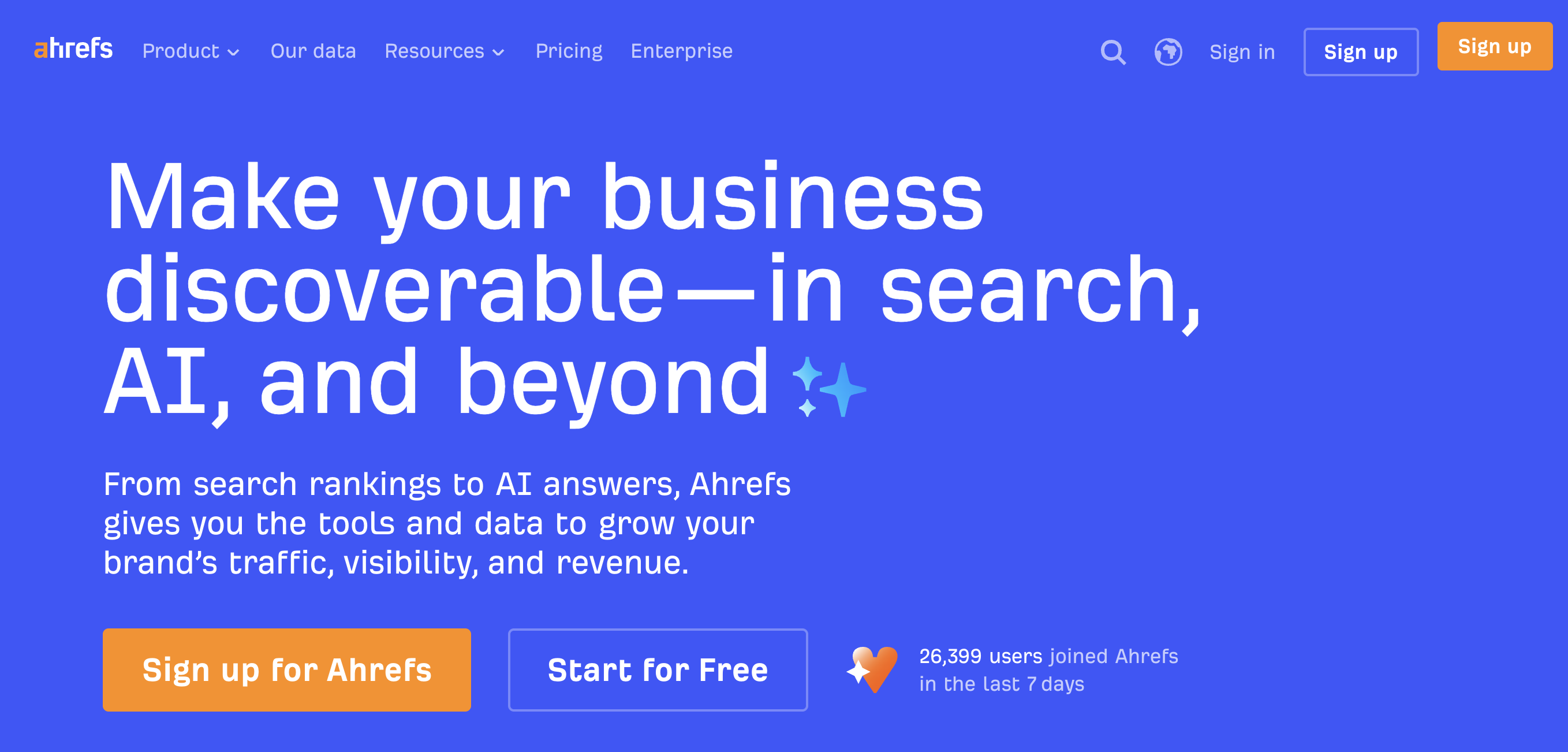 Bright blue Ahrefs landing page with large white letters and a star