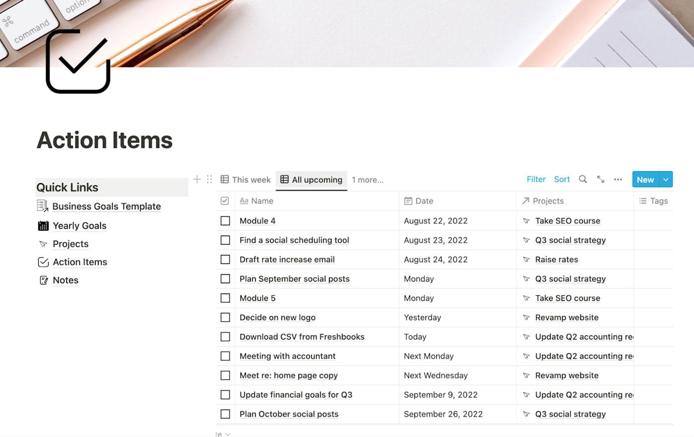 Linking action items to other databases in the Notion goals template