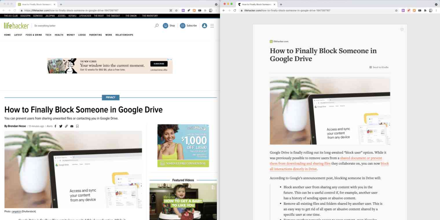 Hero image of reader view, showing an article on the web and what it looks like in reader view