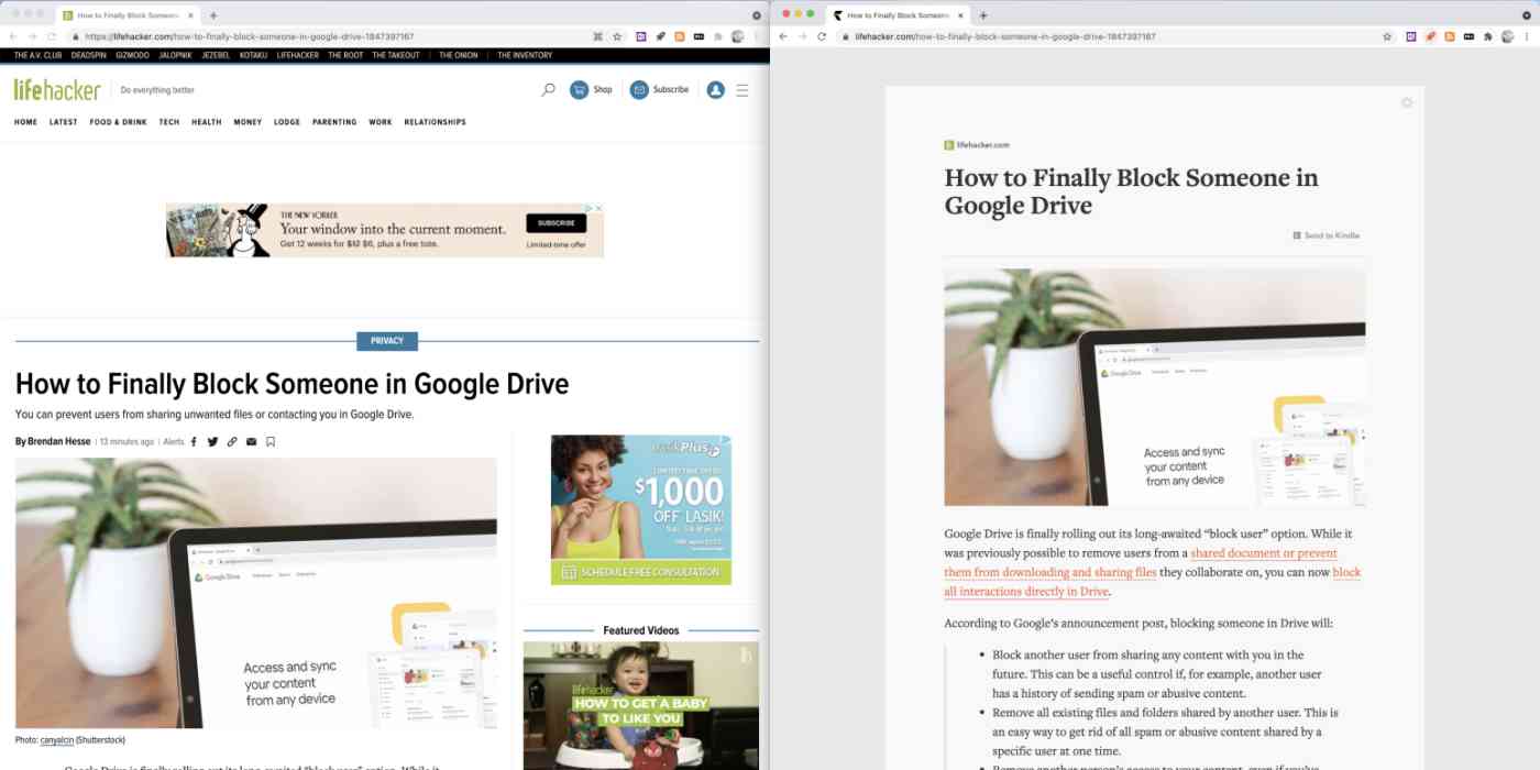 Hero image of reader view, showing an article on the web and what it looks like in reader view