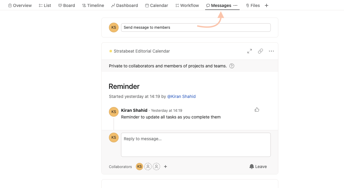 The Messages tab in Asana