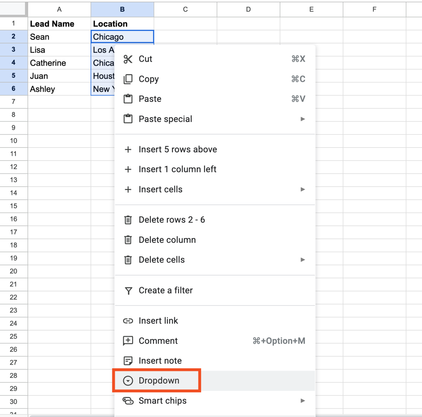 How to add a dropdown list in Google Sheets using existing data.