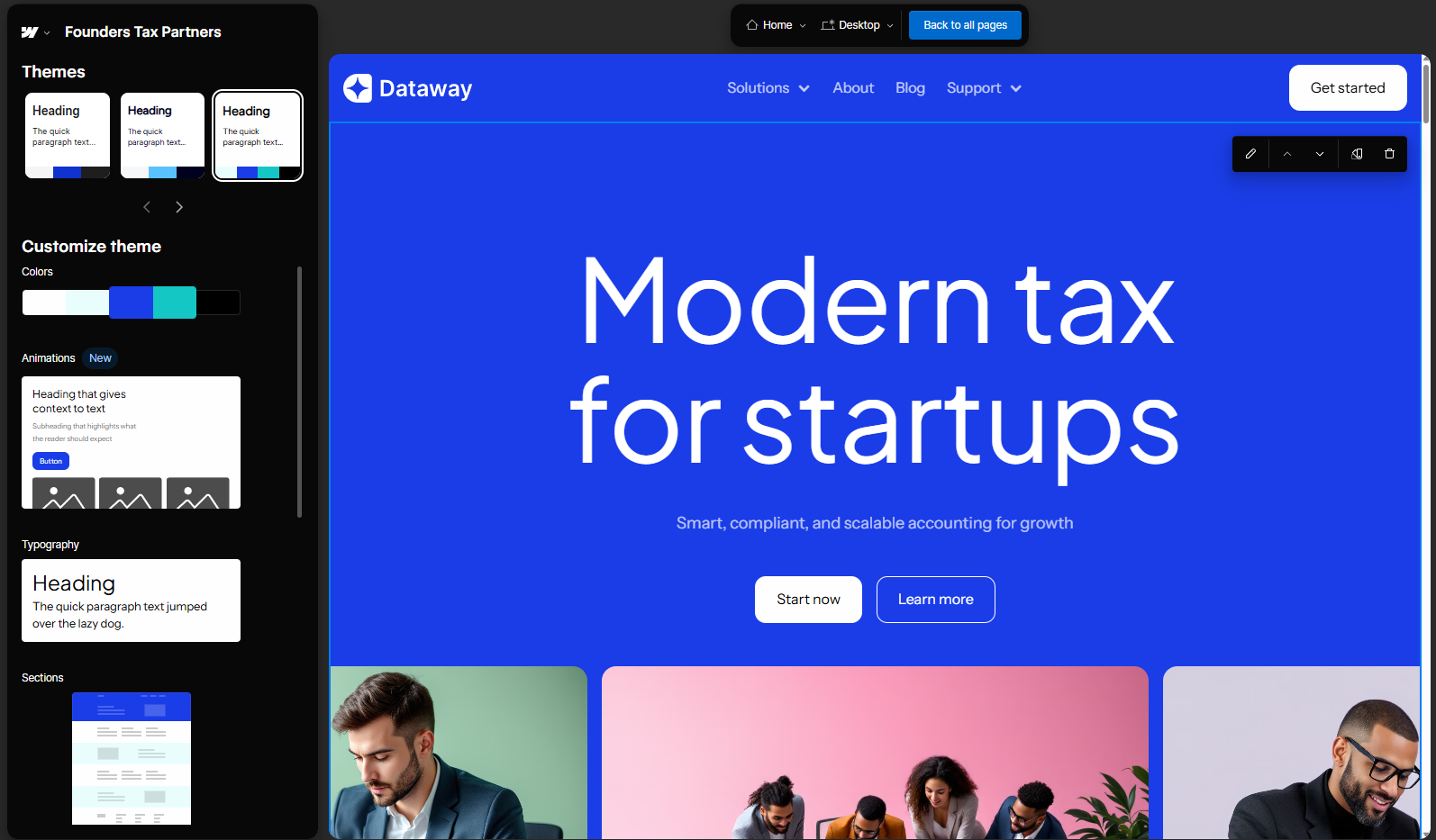 Webflow's theme customization section in the AI builder