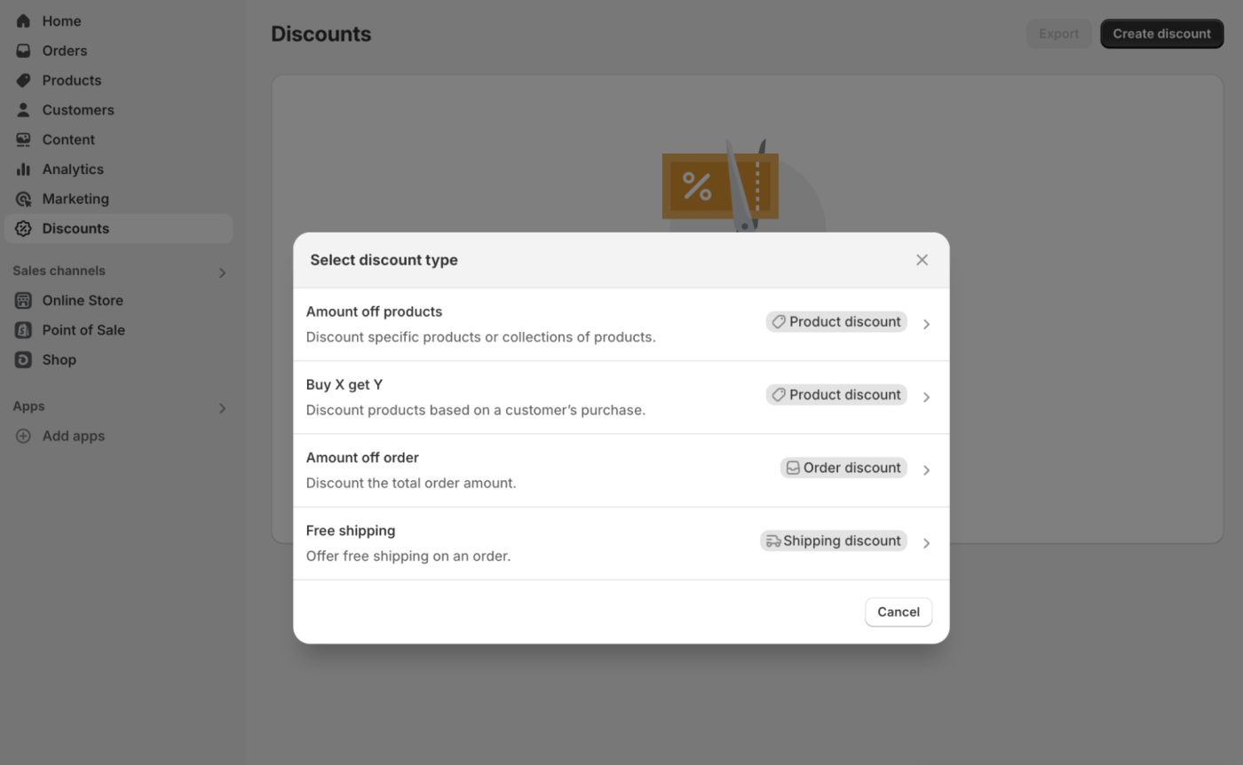 Selecting discount types on Shopify