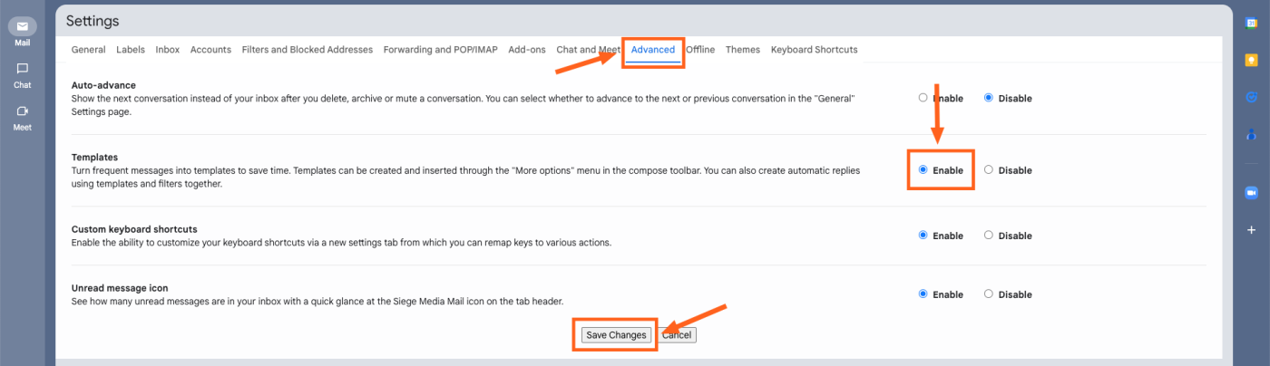 Screenshot of advanced settings in Gmail