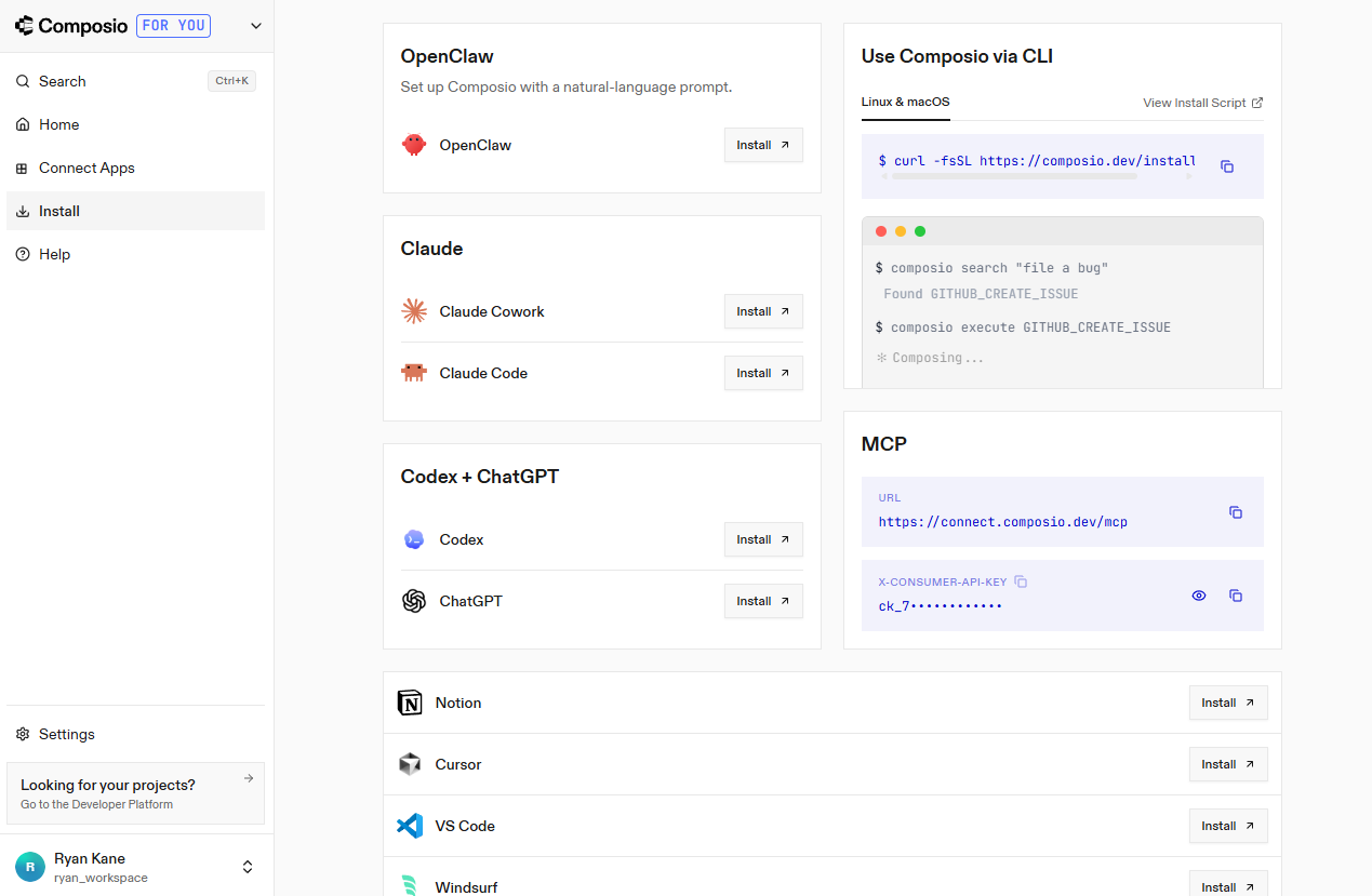 The Composio For You dashboard