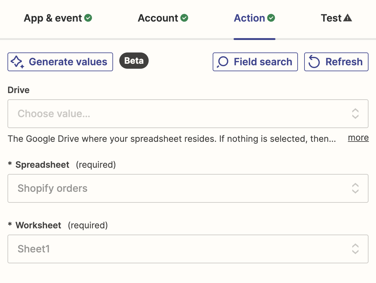 The action step in the Zapier editor includes dropdown fields for Drive, Spreadsheet, and Worksheet
