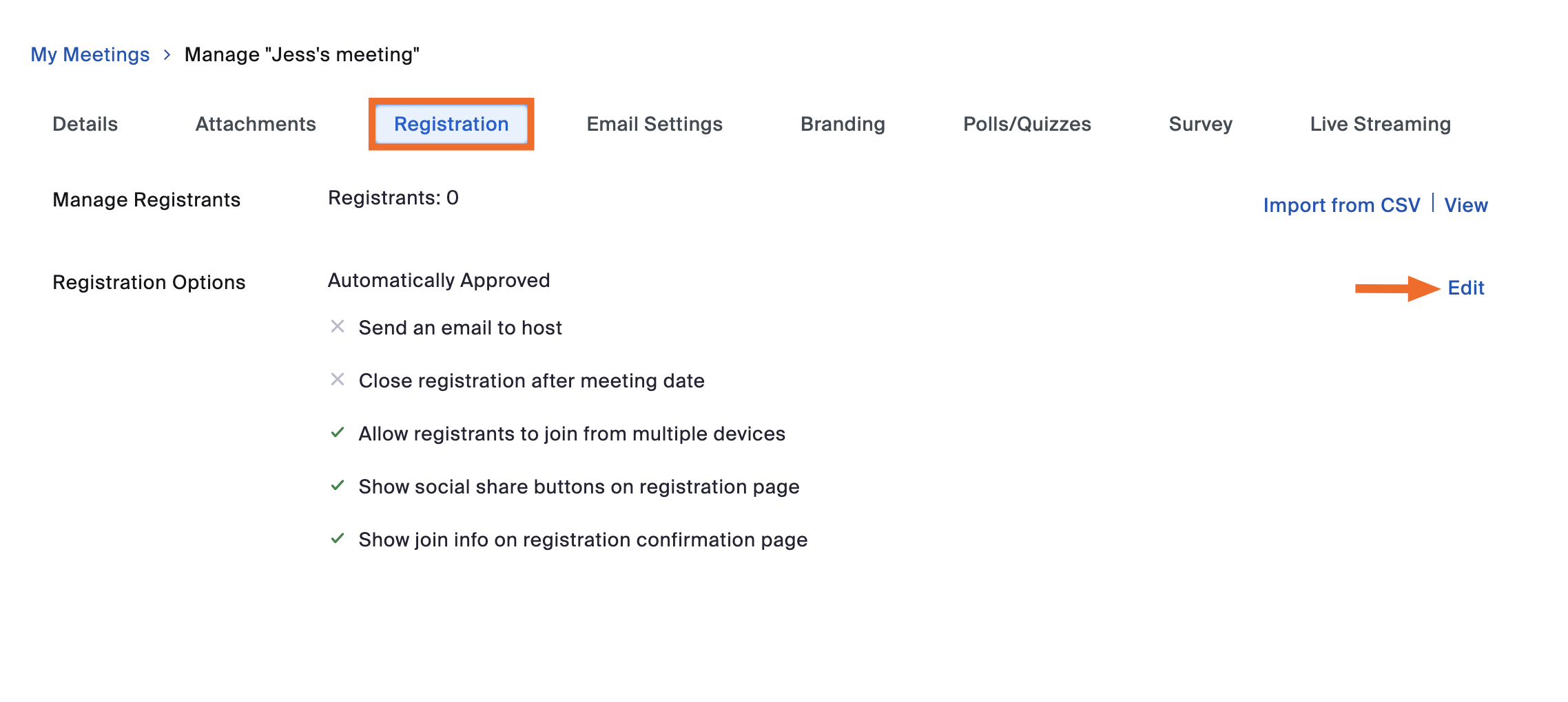 Zoom meeting registration settings. 