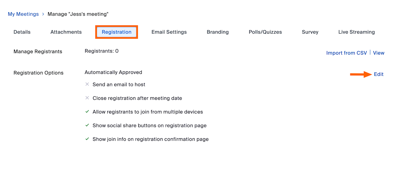Zoom meeting registration settings. 