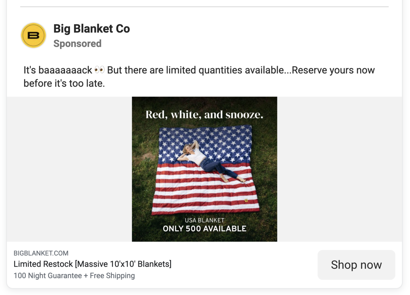 Screenshot of a Big Blanket Co. Facebook ad showing someone lying on a red, white, and blue blanket