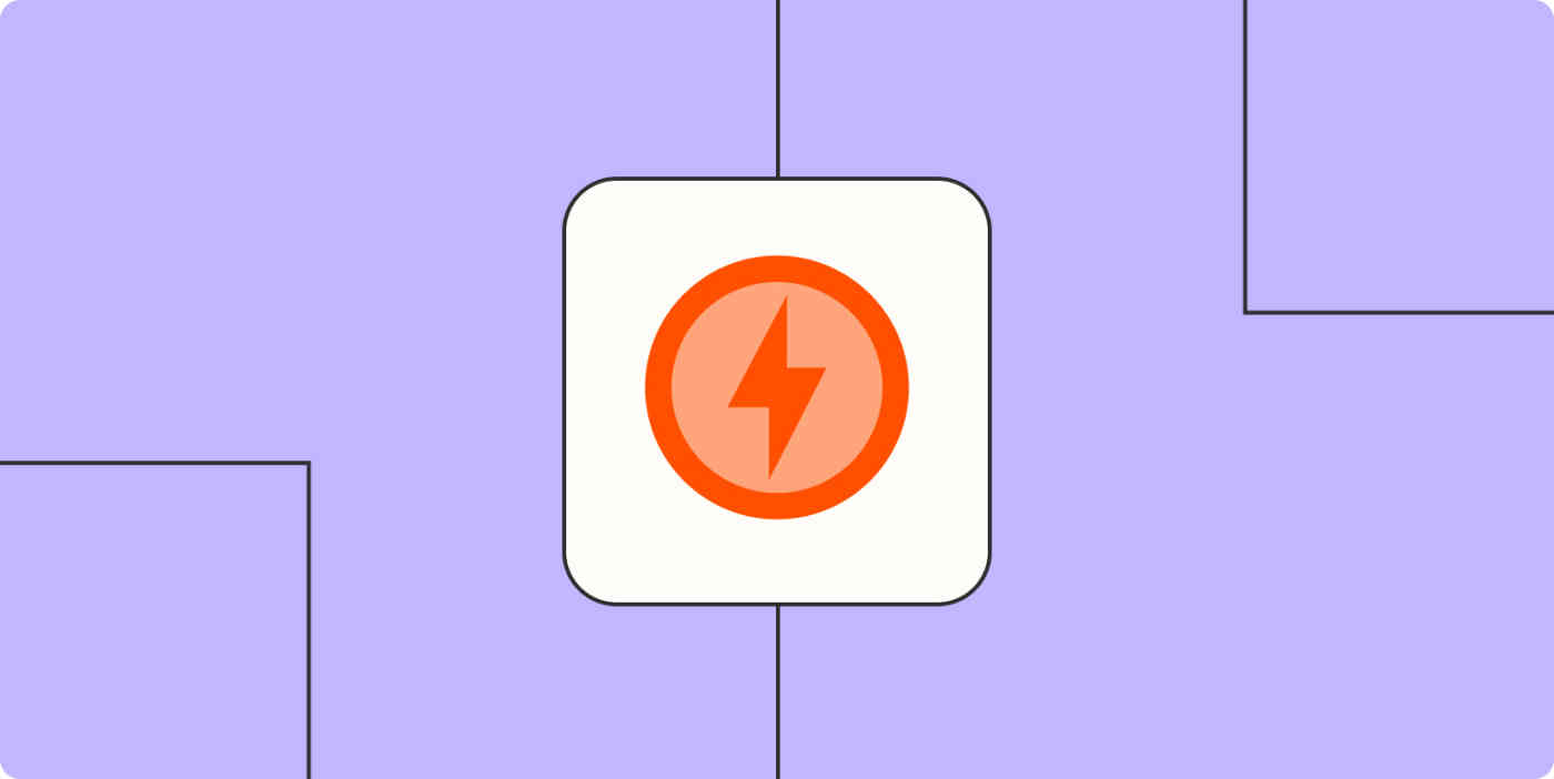 Hero image with an orange lightning bolt on a light purple background.