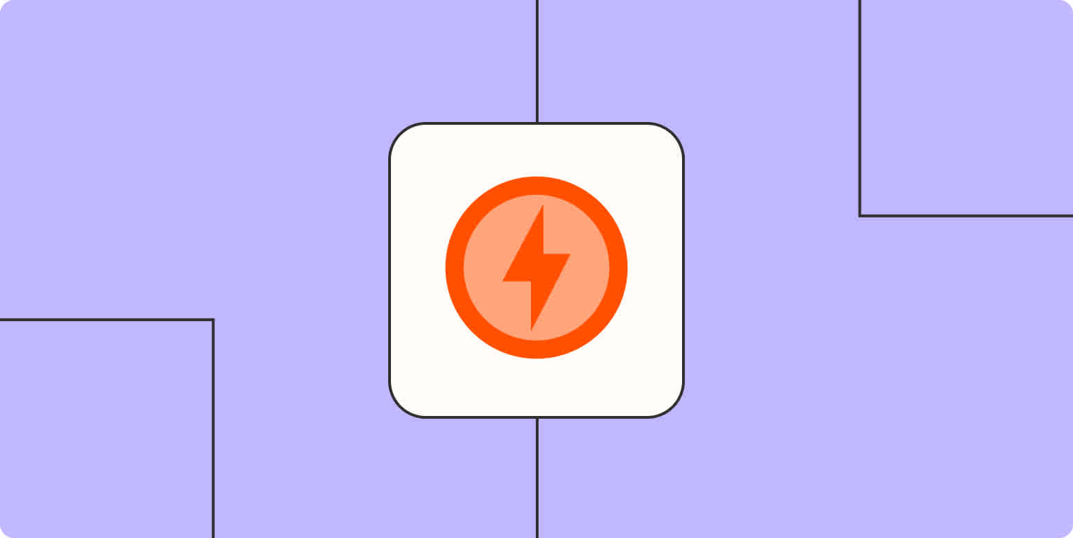 Hero image with an orange lightning bolt on a light purple background.