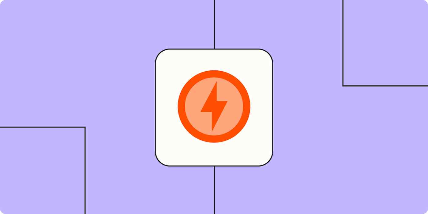 Hero image with an orange lightning bolt on a light purple background.