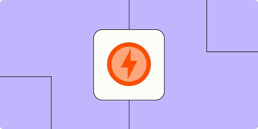 Hero image with an orange lightning bolt on a light purple background.