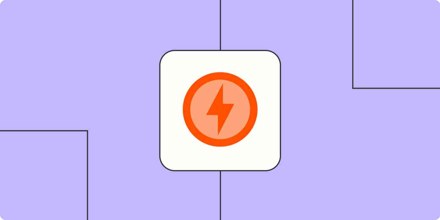 Hero image with an orange lightning bolt on a light purple background.