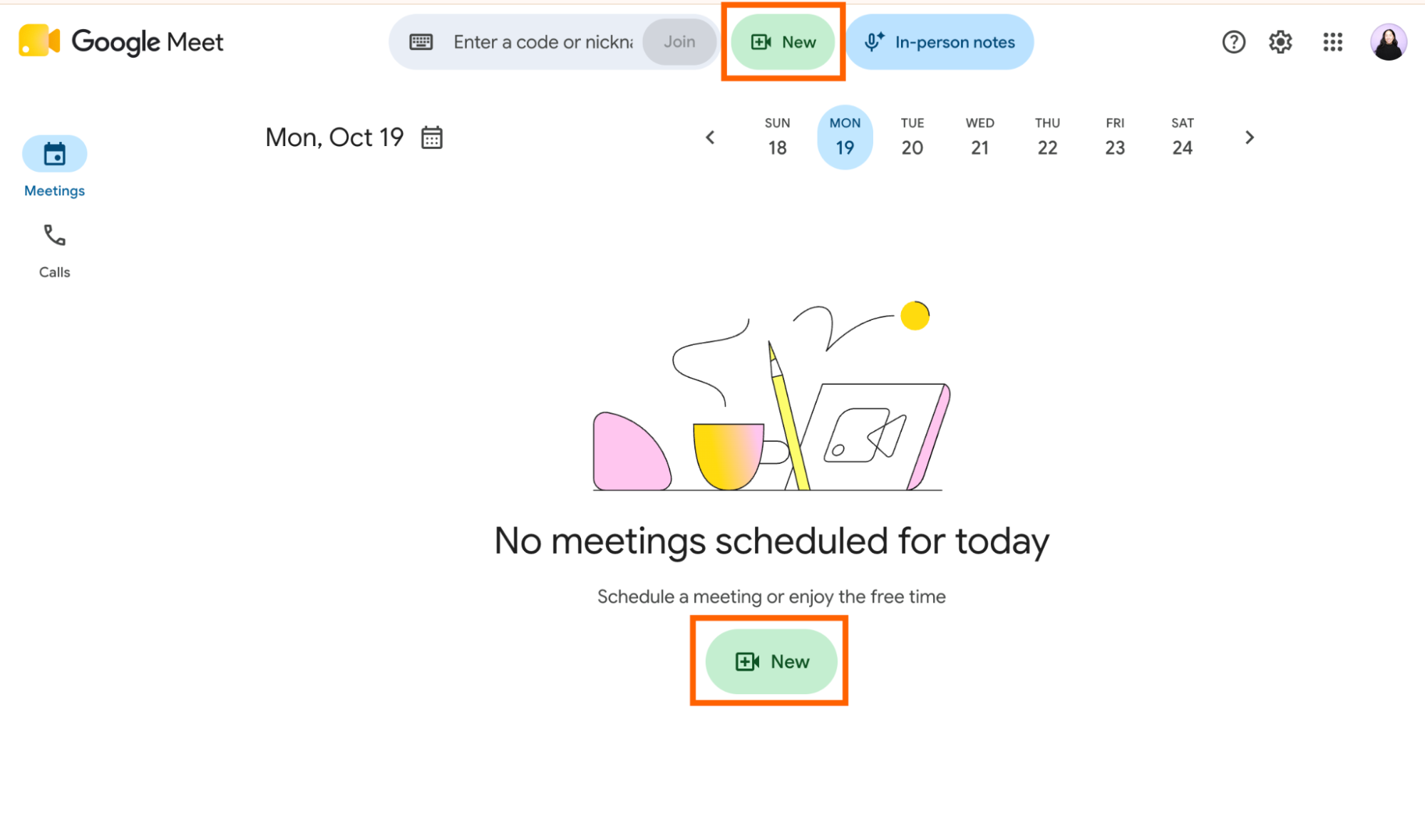 Google Meet dashboard with two buttons to make a new Google Meet meeting.